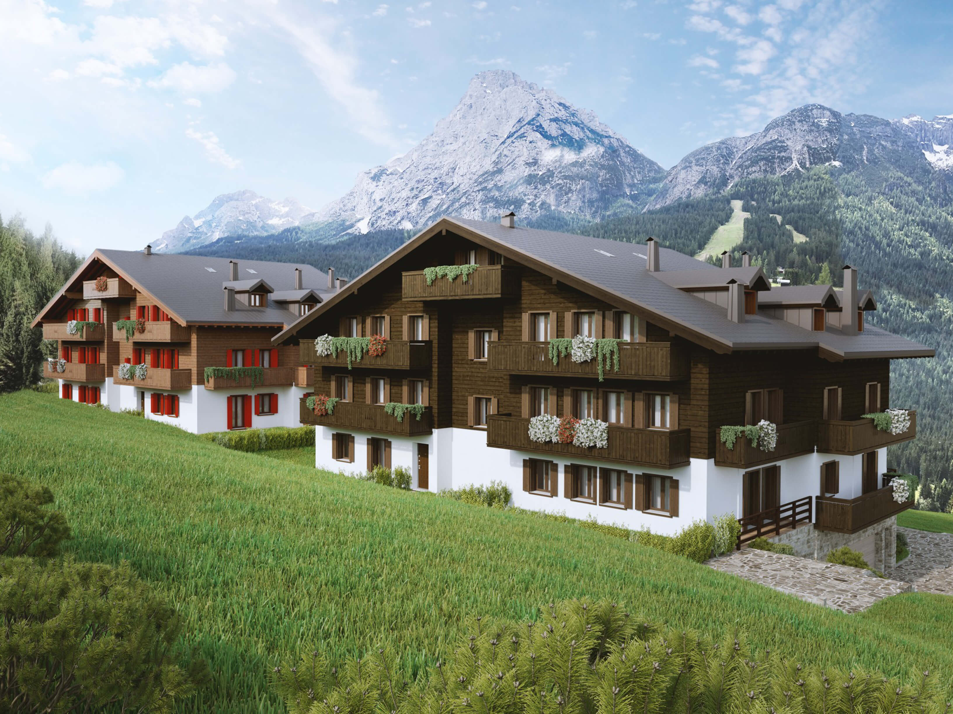 Rendering dei due residence con panorama sul Monte Siera